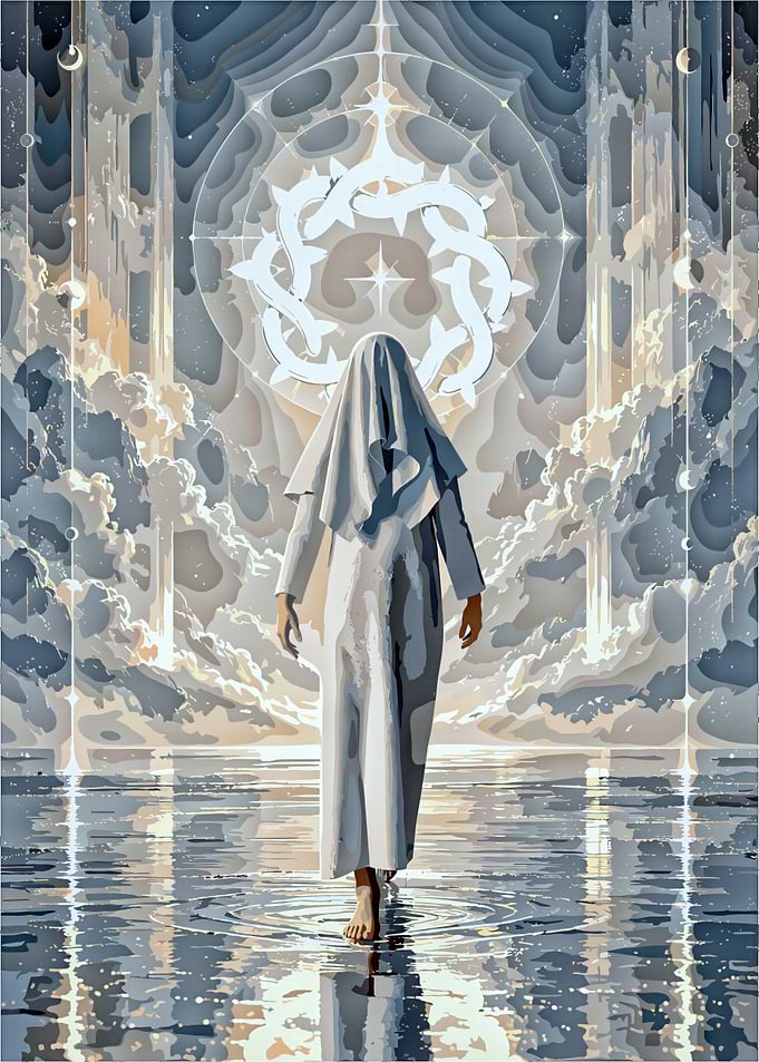 Ethereal Figure Walking on Water