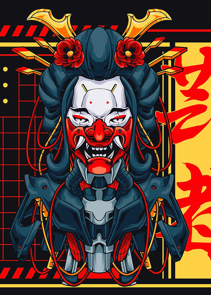 Cyberpunk Geisha Oni Mask Illustration
