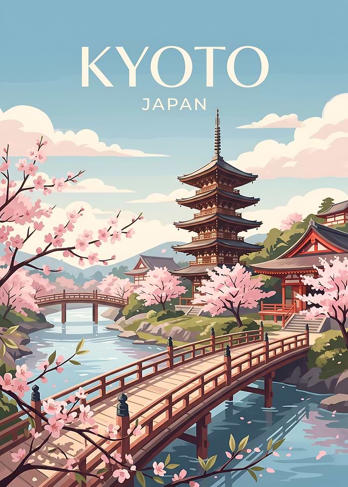 Kyoto Japan Cherry Blossom Vintage Travel Poster