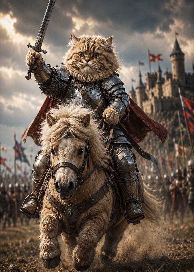 Cat Knight Riding Into Battle