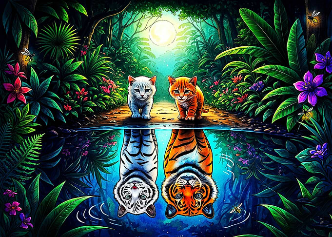 Kittens Reflecting as Tigers in Jungle