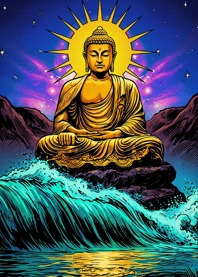 Golden Buddha Meditating Over Ocean Waves