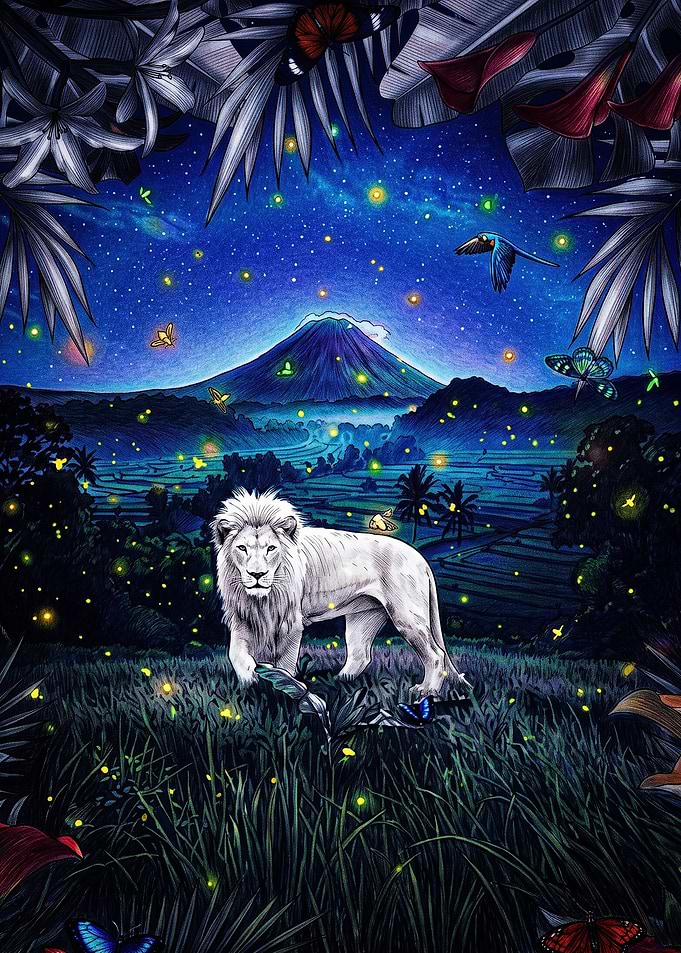 White Lion in Magical Night Landscape