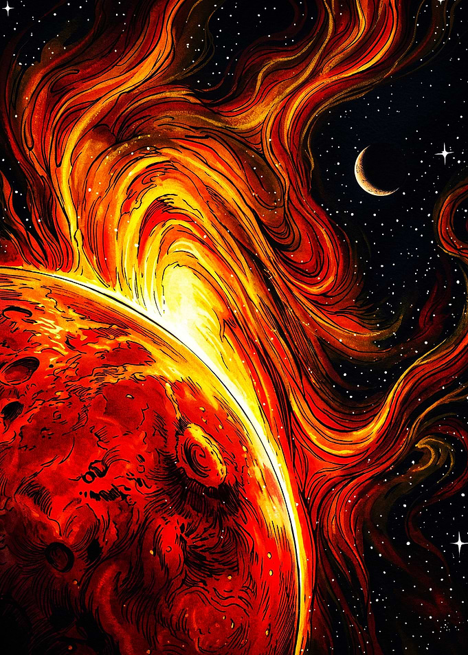 Fiery Planet and Crescent Moon
