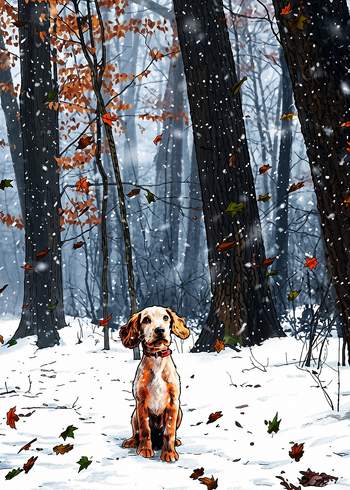 Puppy in a Snowy Autumn Forest