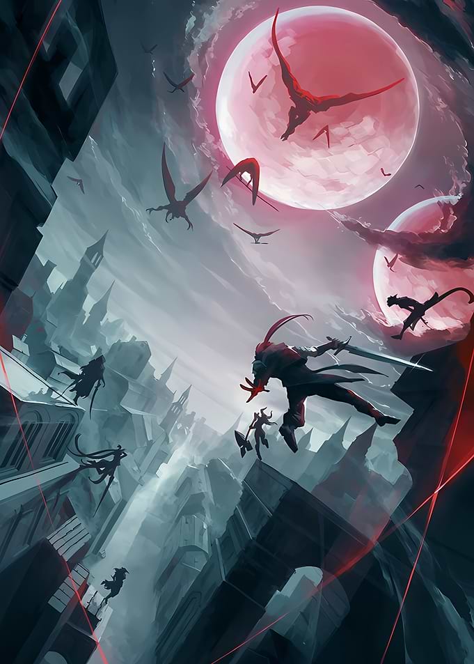 Fantasy Warriors Battling Under Red Moons
