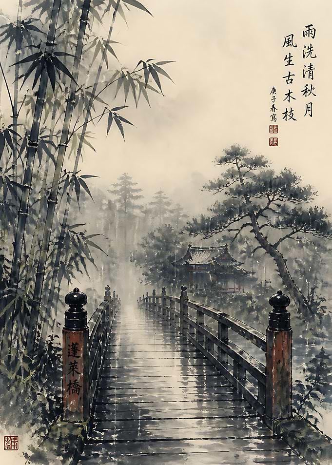 Rainy Bridge in Traditional Ink Wash