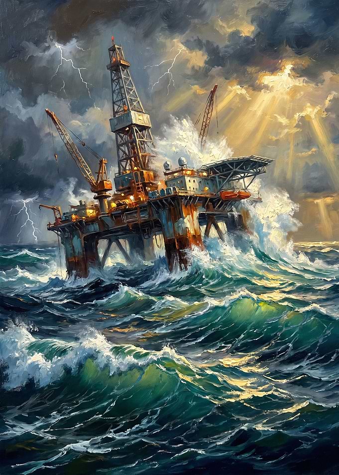 Oil Rig in Stormy Seas