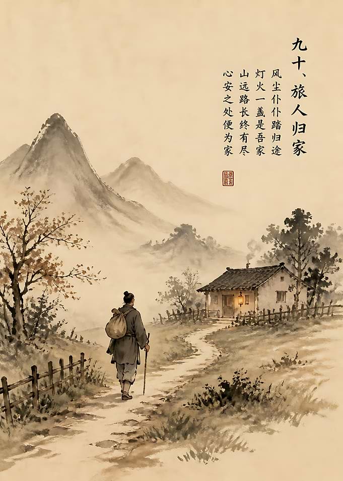 Traveler Returning Home Ink Wash Painting
