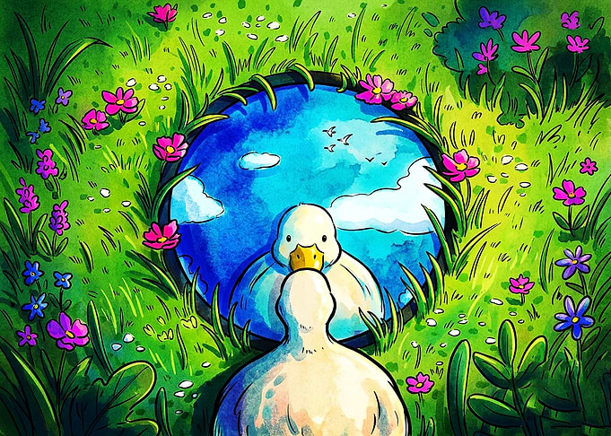 Duck Looking Into A Pond Mirror