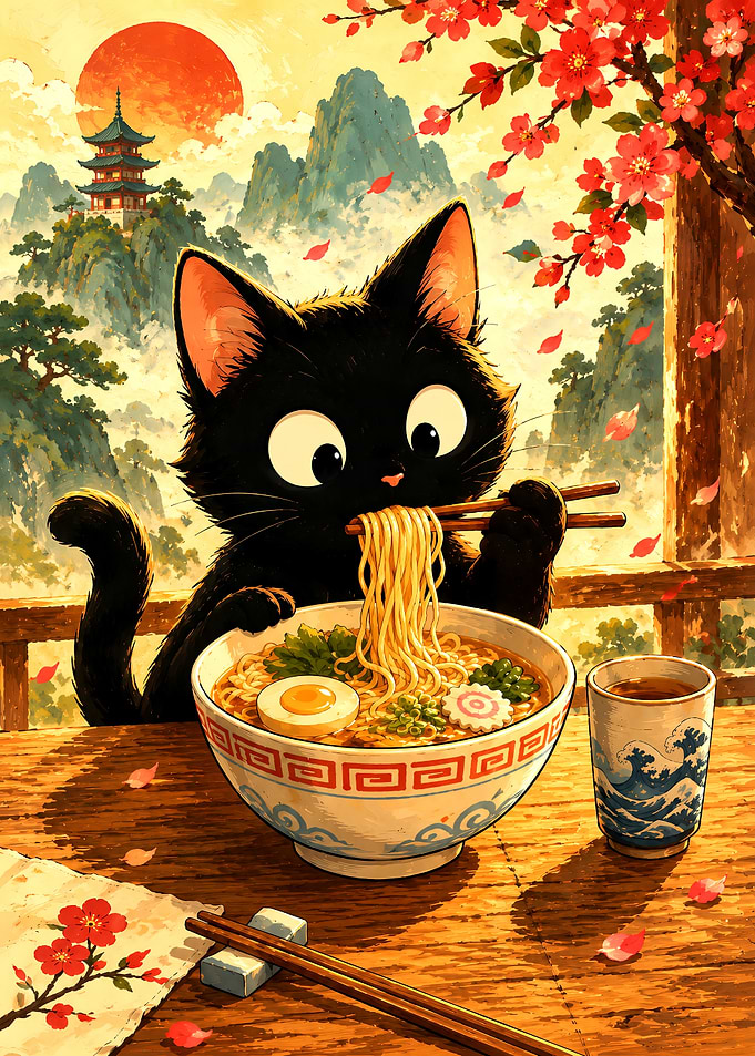 Cute Black Cat Eating Ramen