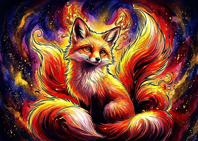 Fiery Nine-Tailed Fox Kitsune Art