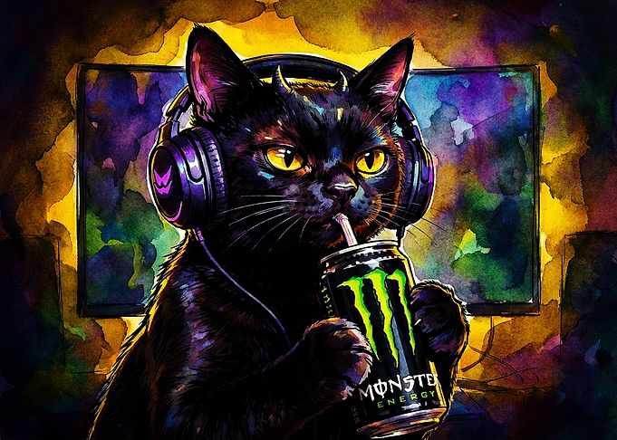 Gamer Black Cat Drinking Monster Energy