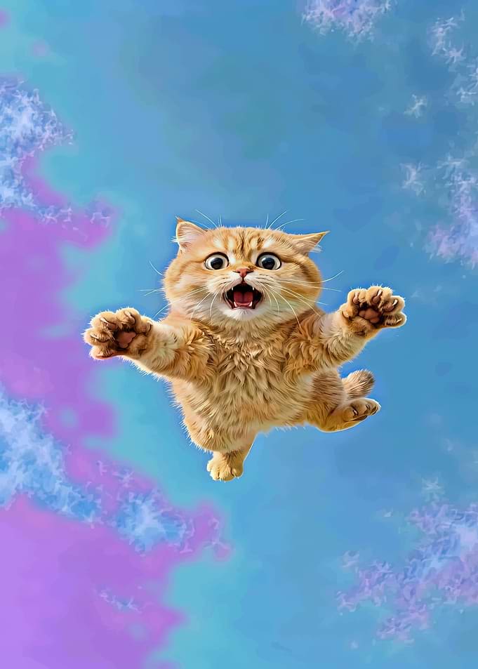 Surprised Ginger Cat Floating in Sky