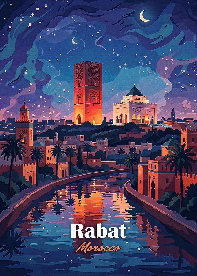 Rabat Morocco Night Travel Poster