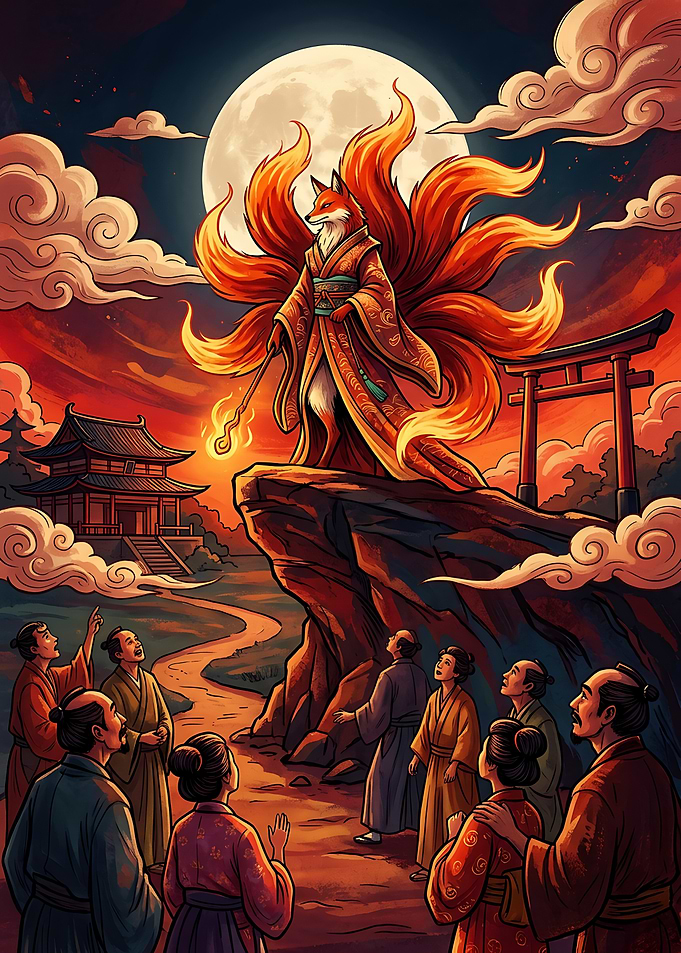 Nine-Tailed Fox Kitsune Deity Illustration