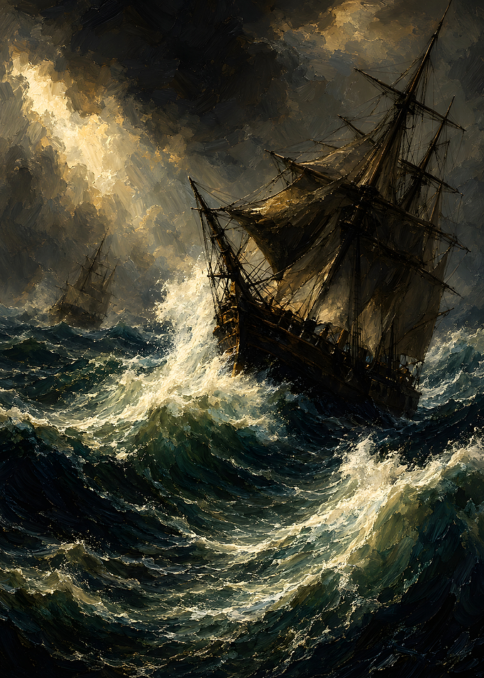 Sailing Ships in a Stormy Sea
