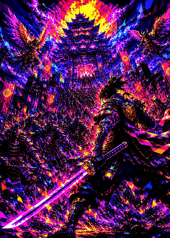 Neon Samurai Army Before Temple