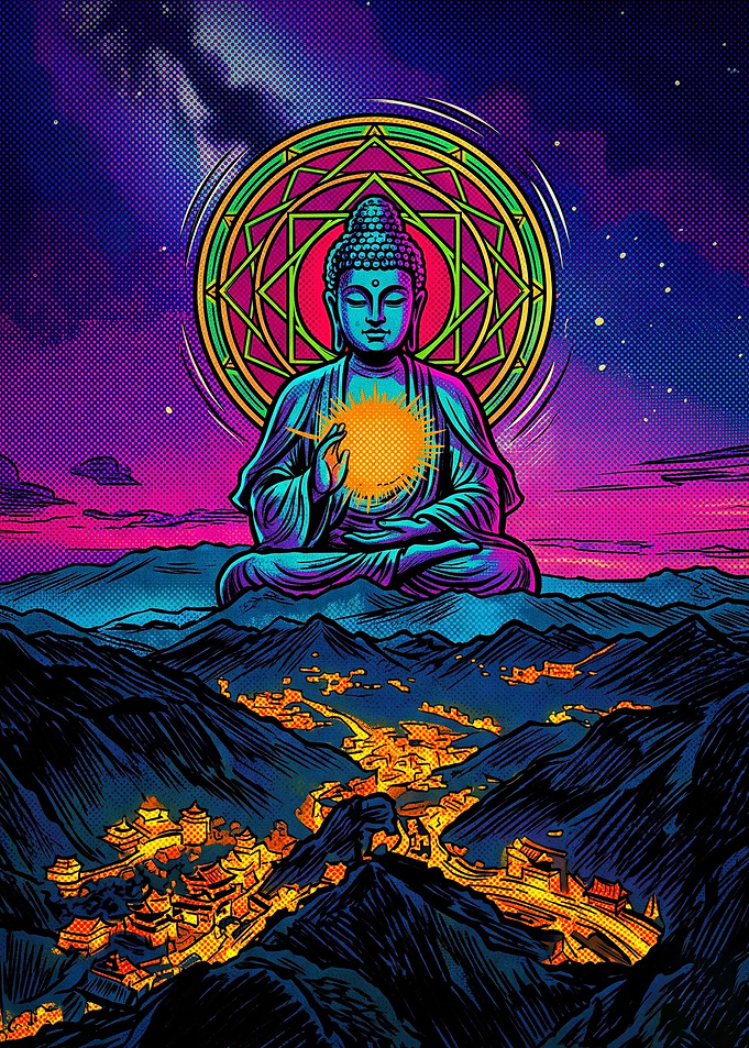 Neon Buddha Over Mountain Village