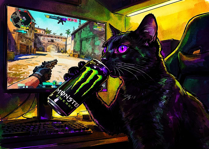 Gamer Black Cat Drinking Monster Energy