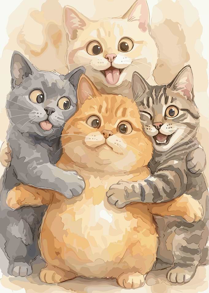 Four Cute Cats Hugging Together