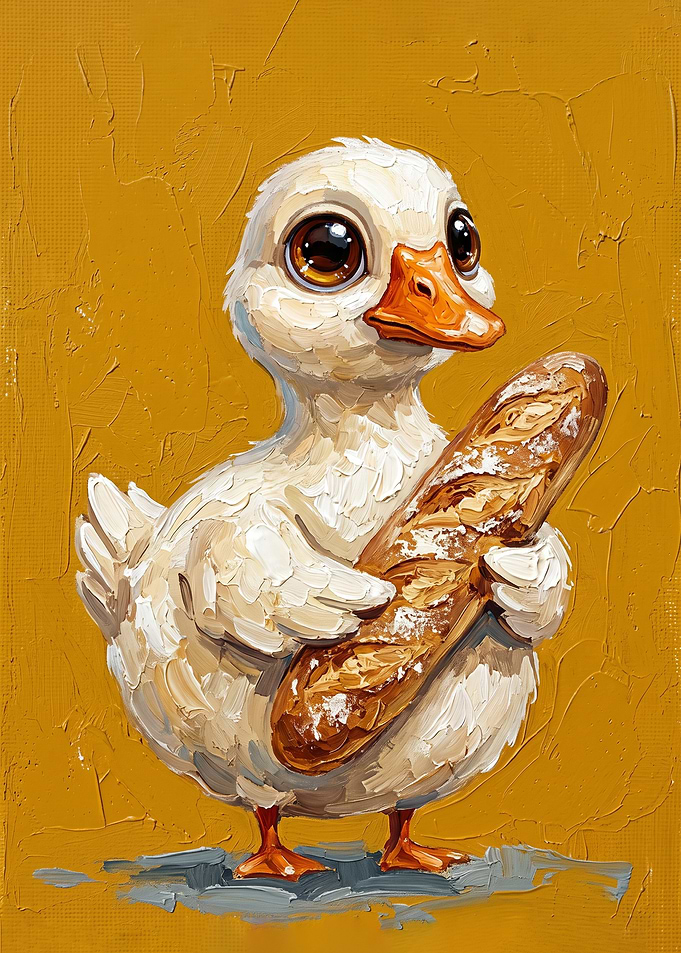 Cute Duckling Holding a French Baguette