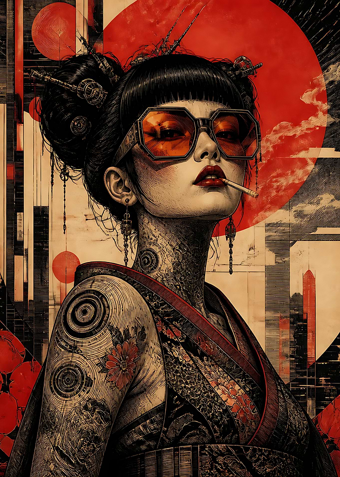 Cyberpunk Geisha with Red Sun