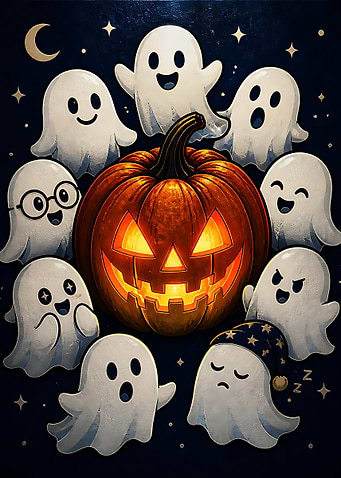 Cute Halloween Ghosts and Jack-o'-lantern