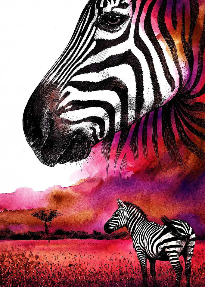 Artistic Zebra Portrait and Savannah Landscape