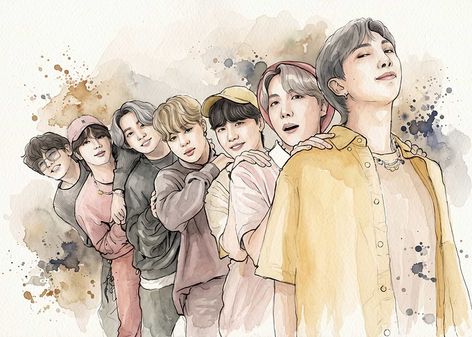 Watercolor Illustration of BTS Members