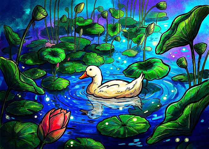Magical Duck in Lotus Pond