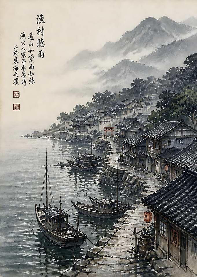 Rainy Fishing Village Ink Wash Painting