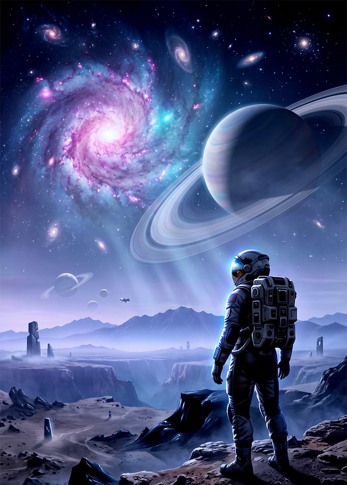 Astronaut Observing a Cosmic Galaxy