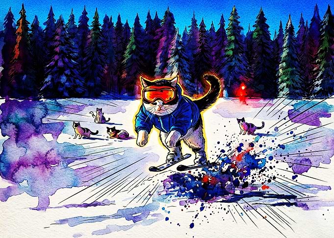Skiing Cat in Winter Forest