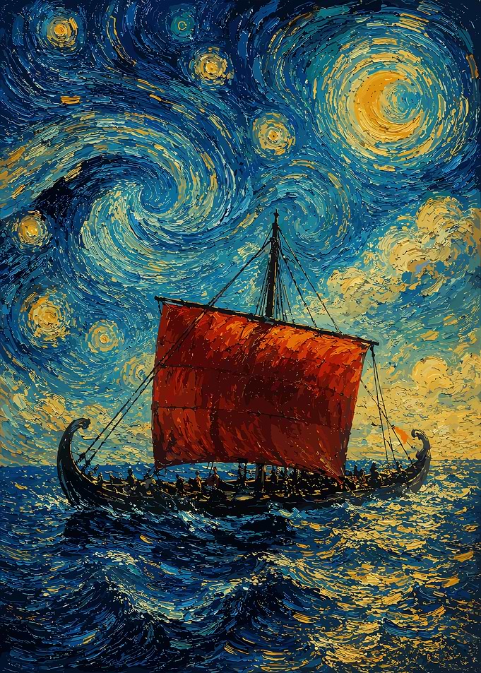 Viking Ship Under Starry Night Sky