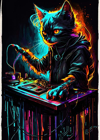 Neon DJ Cat Mixing Music