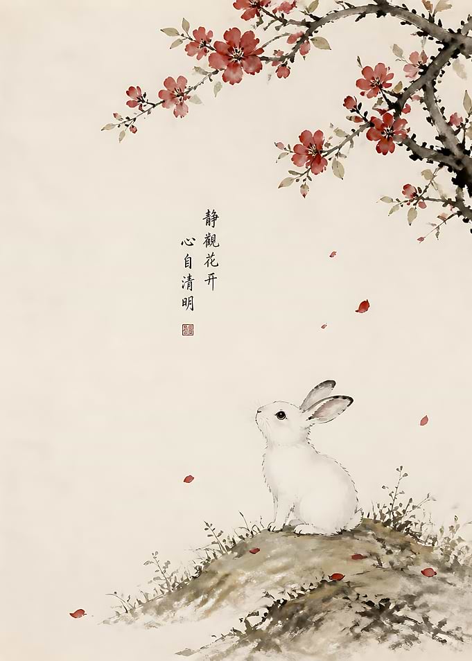 White Rabbit Under Flowering Branch