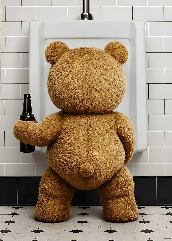Funny Teddy Bear with Beer in Bathroom