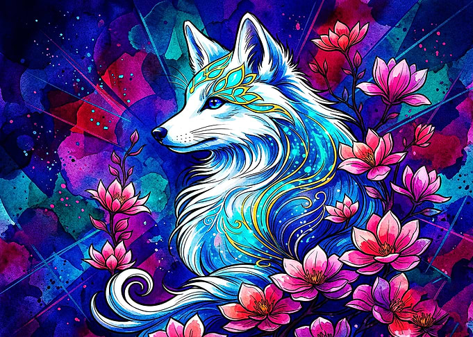 Mystical Fox with Pink Flowers