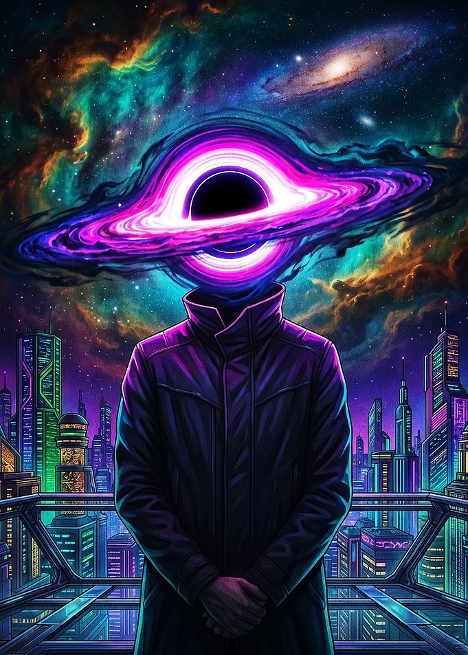 Cyberpunk Figure with Black Hole Head