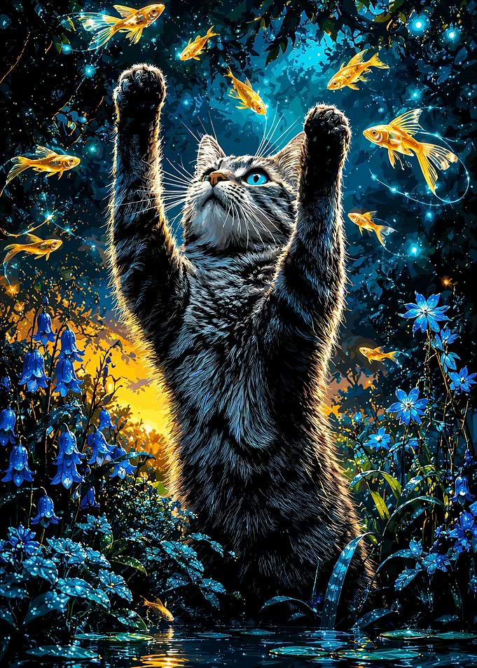 Cat Reaching for Magical Goldfish