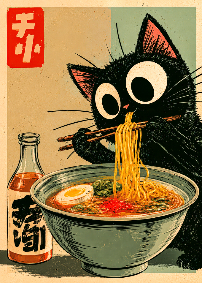 Black Cat Eating Ramen Illustration