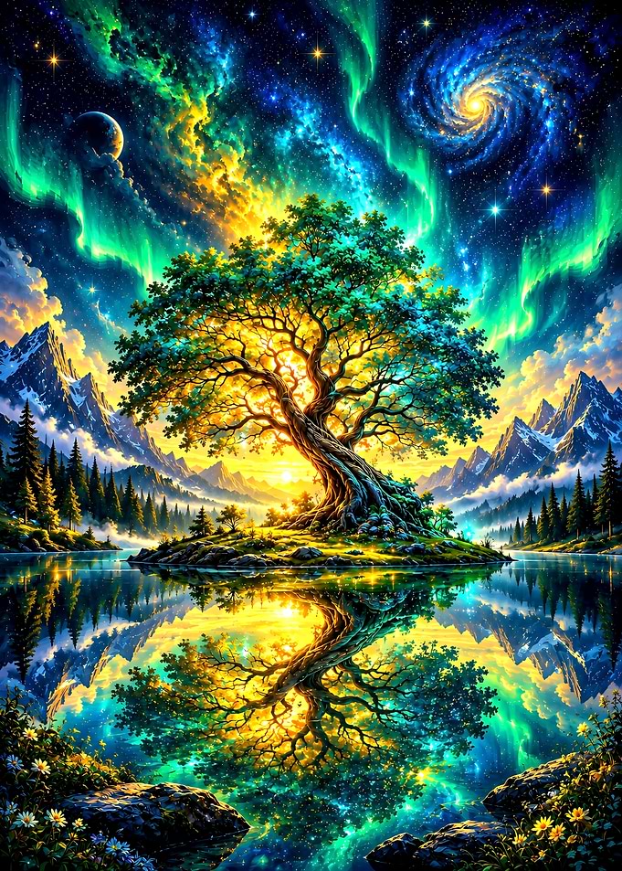 Luminous Tree Under Cosmic Aurora