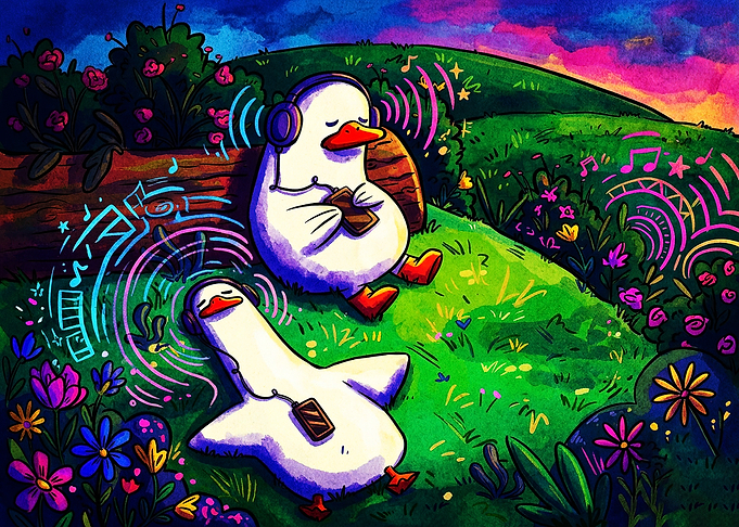 Ducks Relaxing with Music in Meadow
