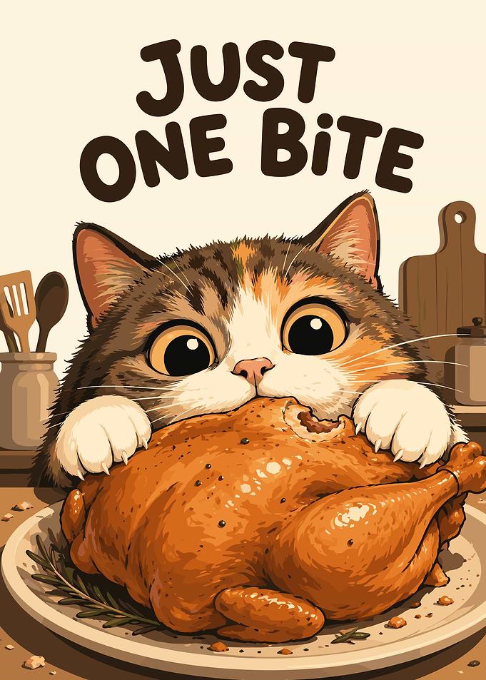 Cute Cat Eating Roasted Chicken
