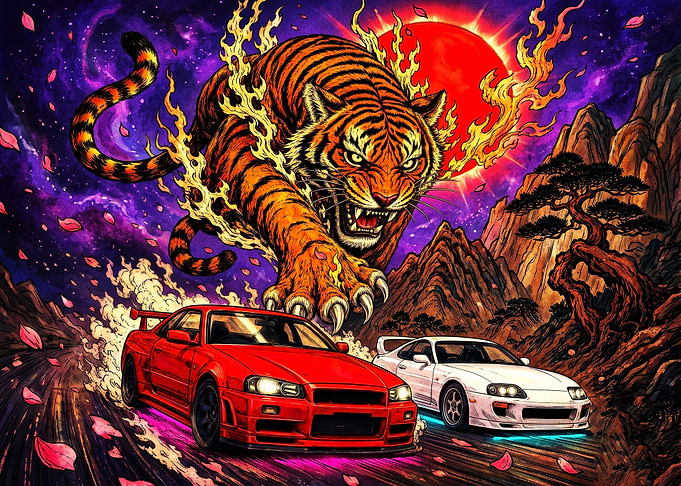 Tiger and JDM Cars Racing