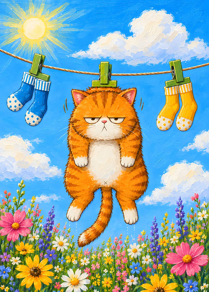 Grumpy Orange Cat Hanging on Clothesline
