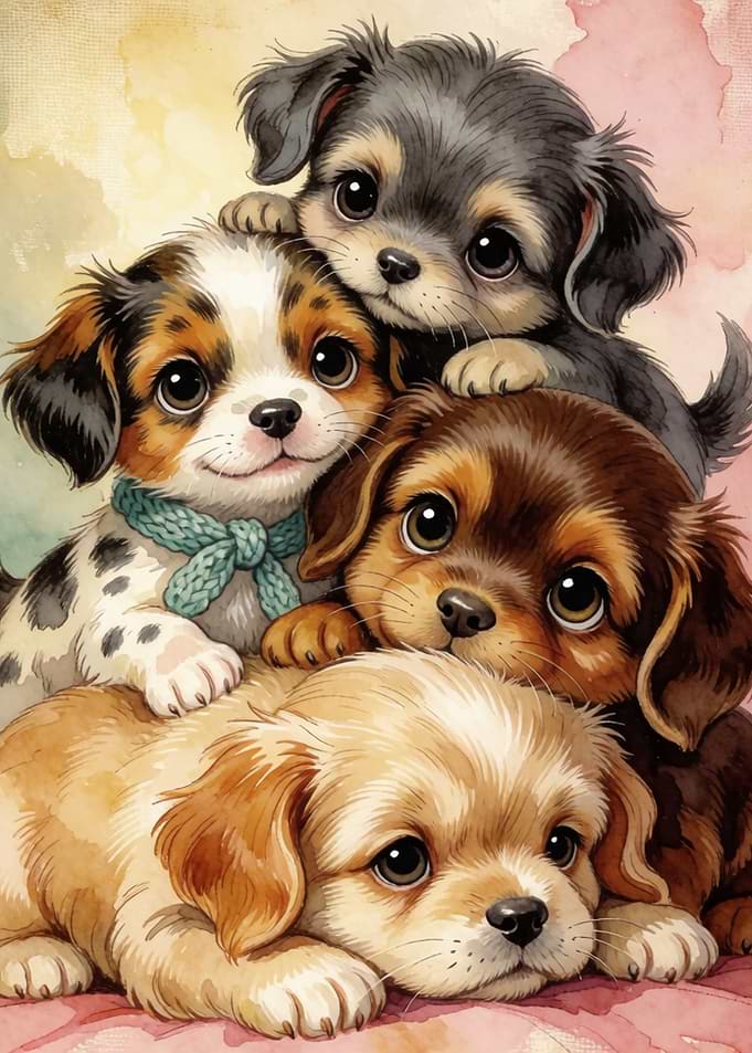 Four Adorable Watercolor Puppy Friends