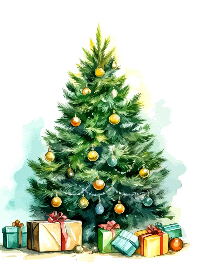Watercolor Christmas Tree with Gifts