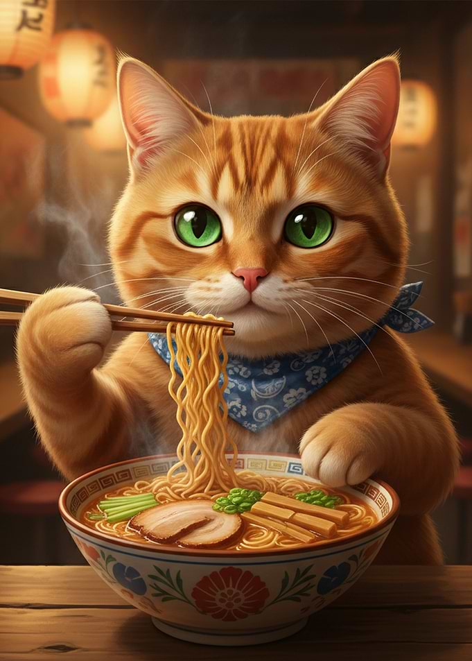 Cute Ginger Cat Eating Ramen